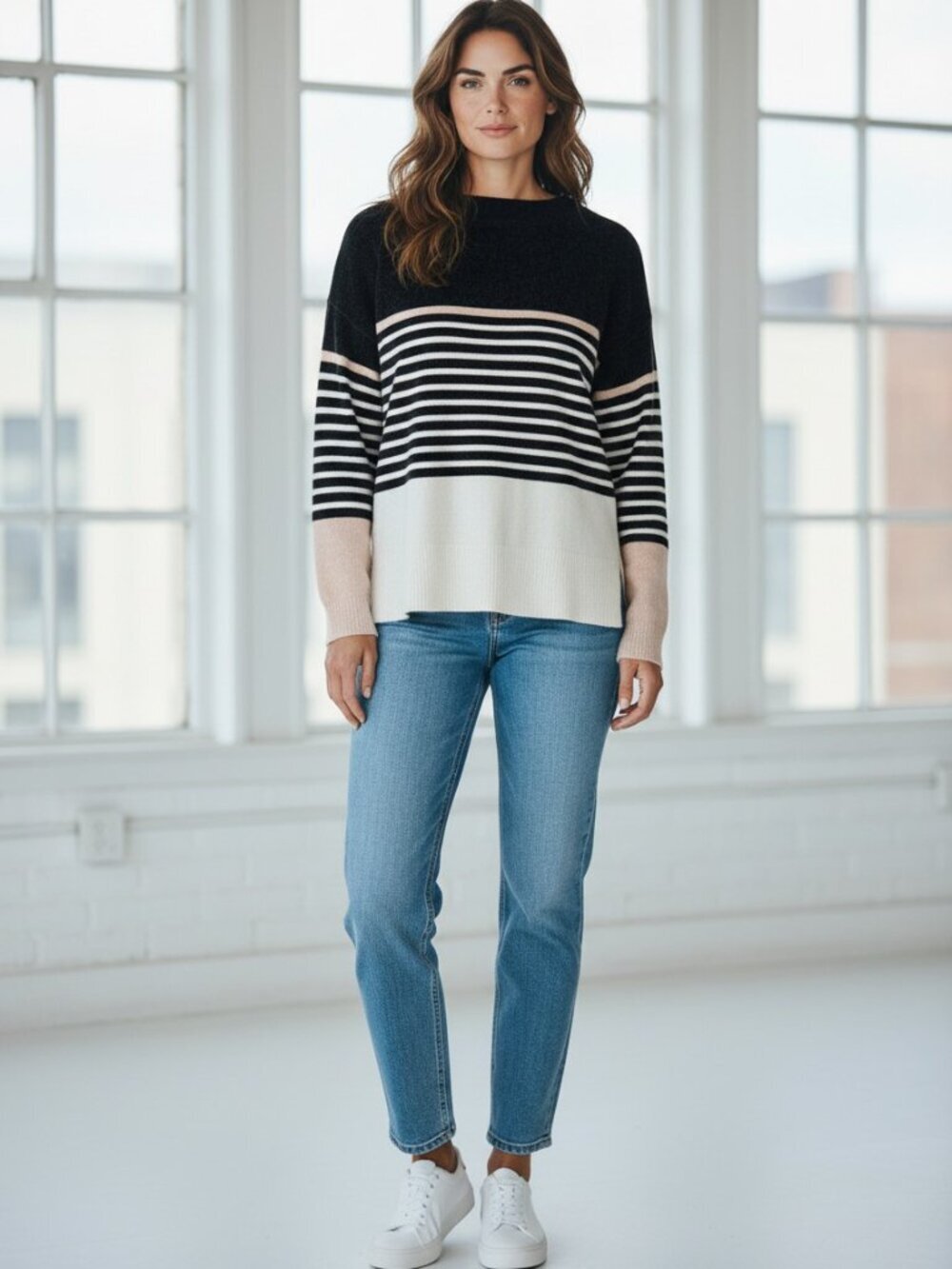 Striped Color Block Sweater in Navy, Pink, and Cream, Medium Weight, Medium